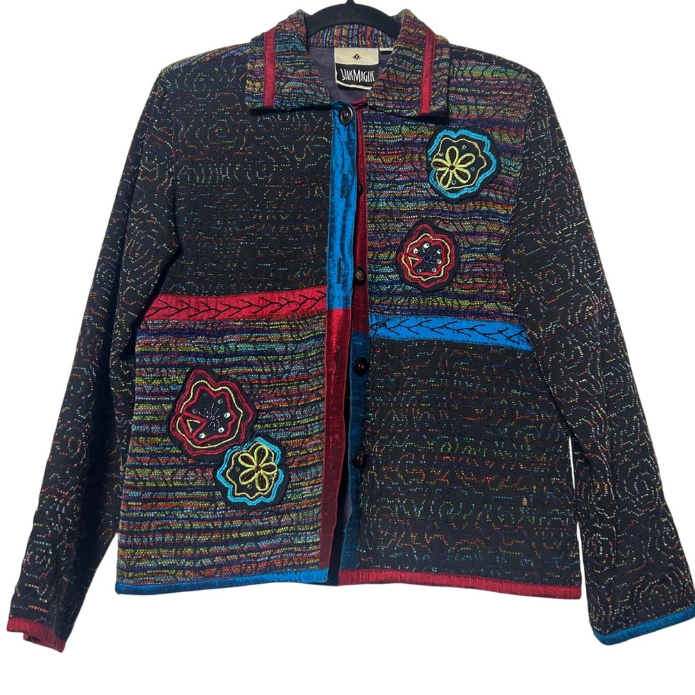 Vtg 90s y2k crazy colorful embroidered Button‎ Up Jacket yak magik